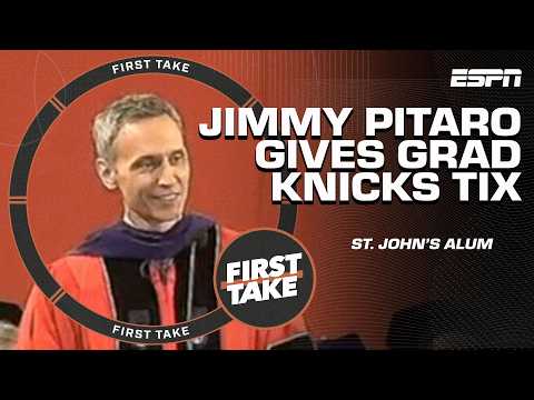 ESPN chairman Jimmy Pitaro surprises St. John’s grad with Knicks tickets 🎟️ | First Take