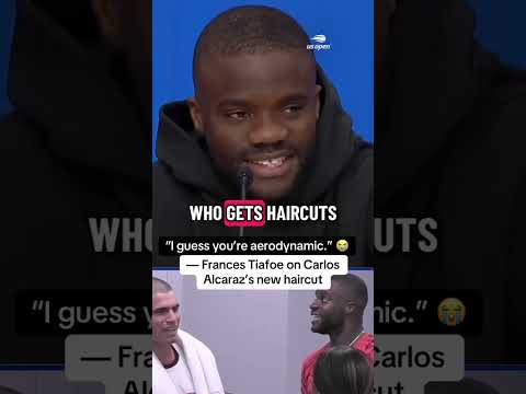 Francis Tiafoe’s reaction to Carlos Alcaraz’s haircut 😂 (via usopen/TT)