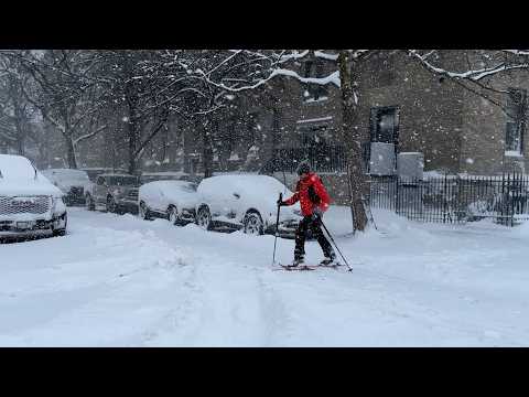 Videos capture New Yorkers moving through snow-covered streets, playing in parks