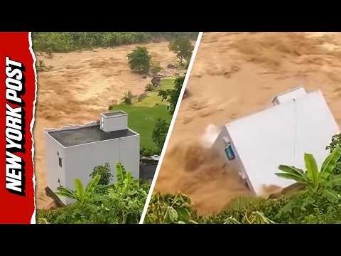 Shocking Moment House Collapses Into Floodwaters in Vietnam